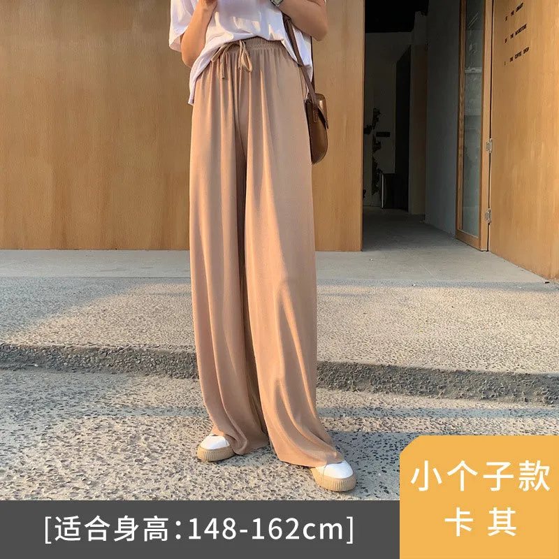 Streaming Popular Summer Women High Waist Slim Look Ice Silk Wide Leg Pants Loose All-Matching Casual Lengthen Floor Length Pants