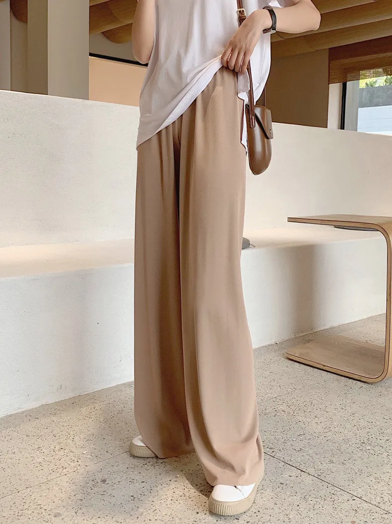 Streaming Popular Summer Women High Waist Slim Look Ice Silk Wide Leg Pants Loose All-Matching Casual Lengthen Floor Length Pants