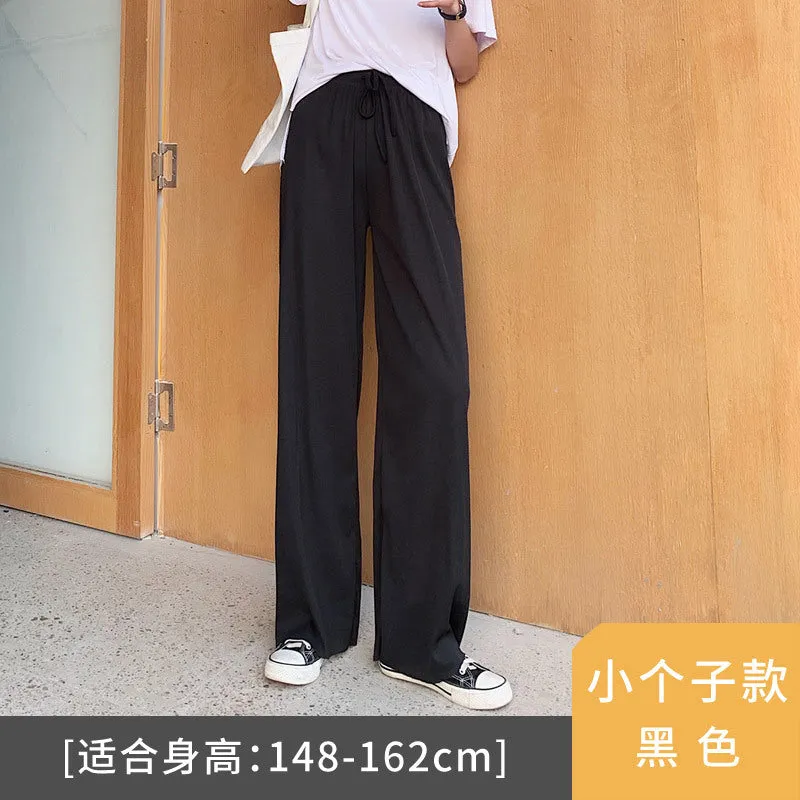 Streaming Popular Summer Women High Waist Slim Look Ice Silk Wide Leg Pants Loose All-Matching Casual Lengthen Floor Length Pants