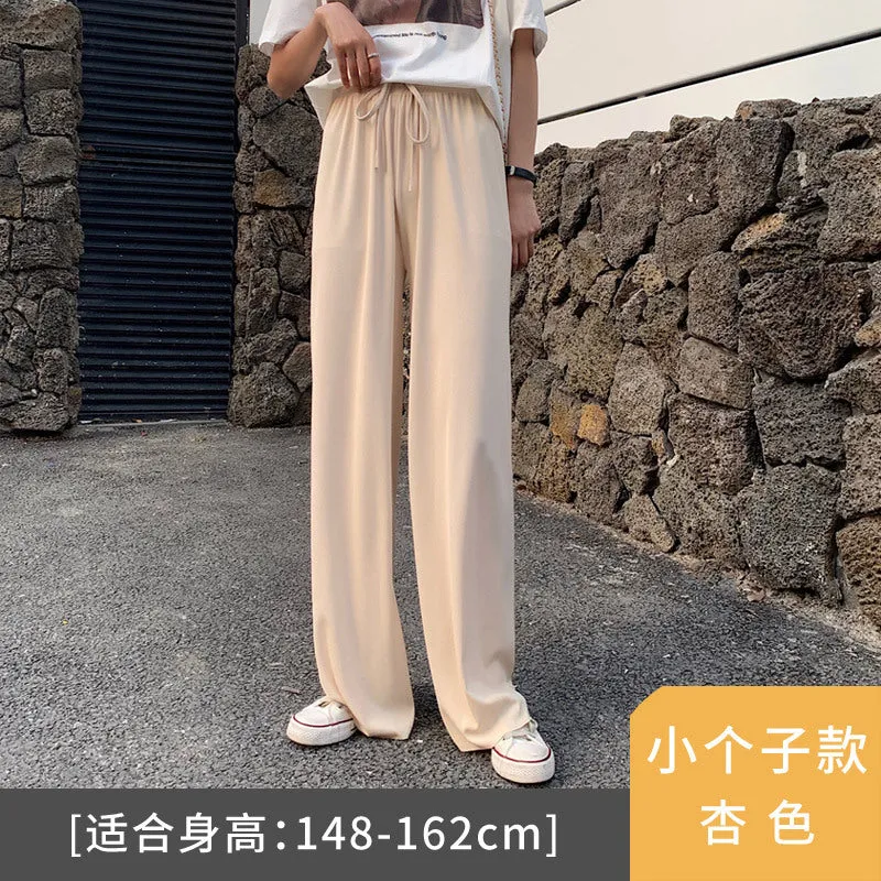 Streaming Popular Summer Women High Waist Slim Look Ice Silk Wide Leg Pants Loose All-Matching Casual Lengthen Floor Length Pants