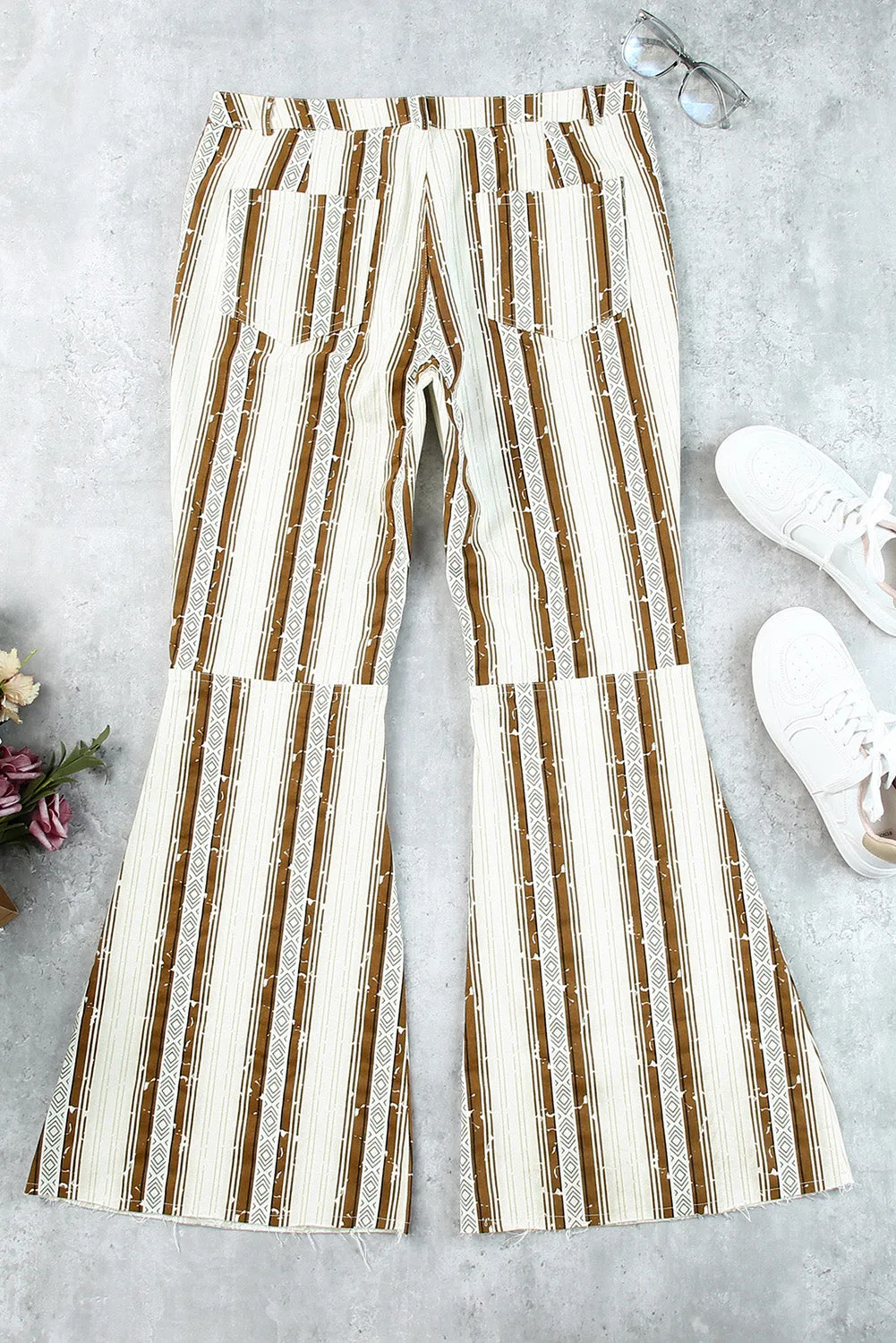 Stripe Print High Waist Bell Bottom Pants