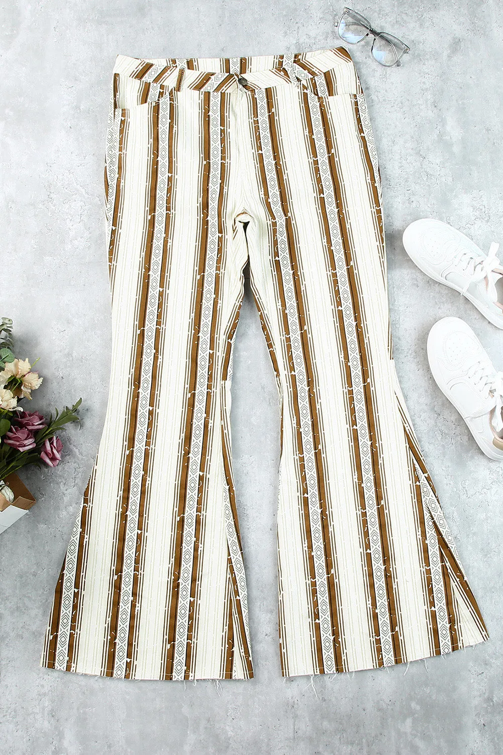 Stripe Print High Waist Bell Bottom Pants