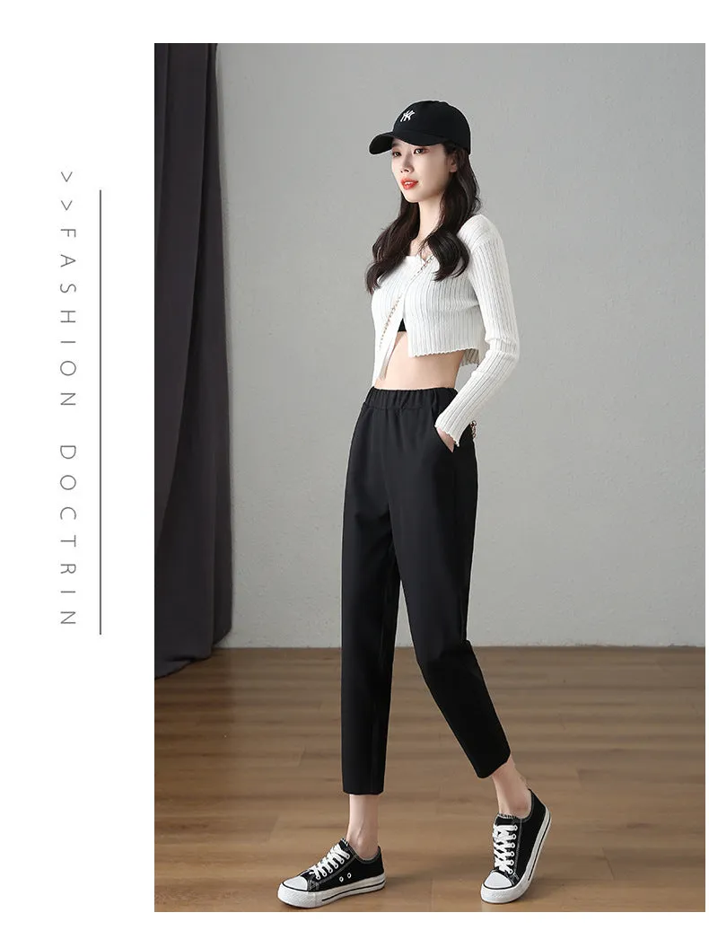 Suit Pants Women Thin Loose Black Harem High Waist Slim Look Petite Three Quarter Straight Casual Pants