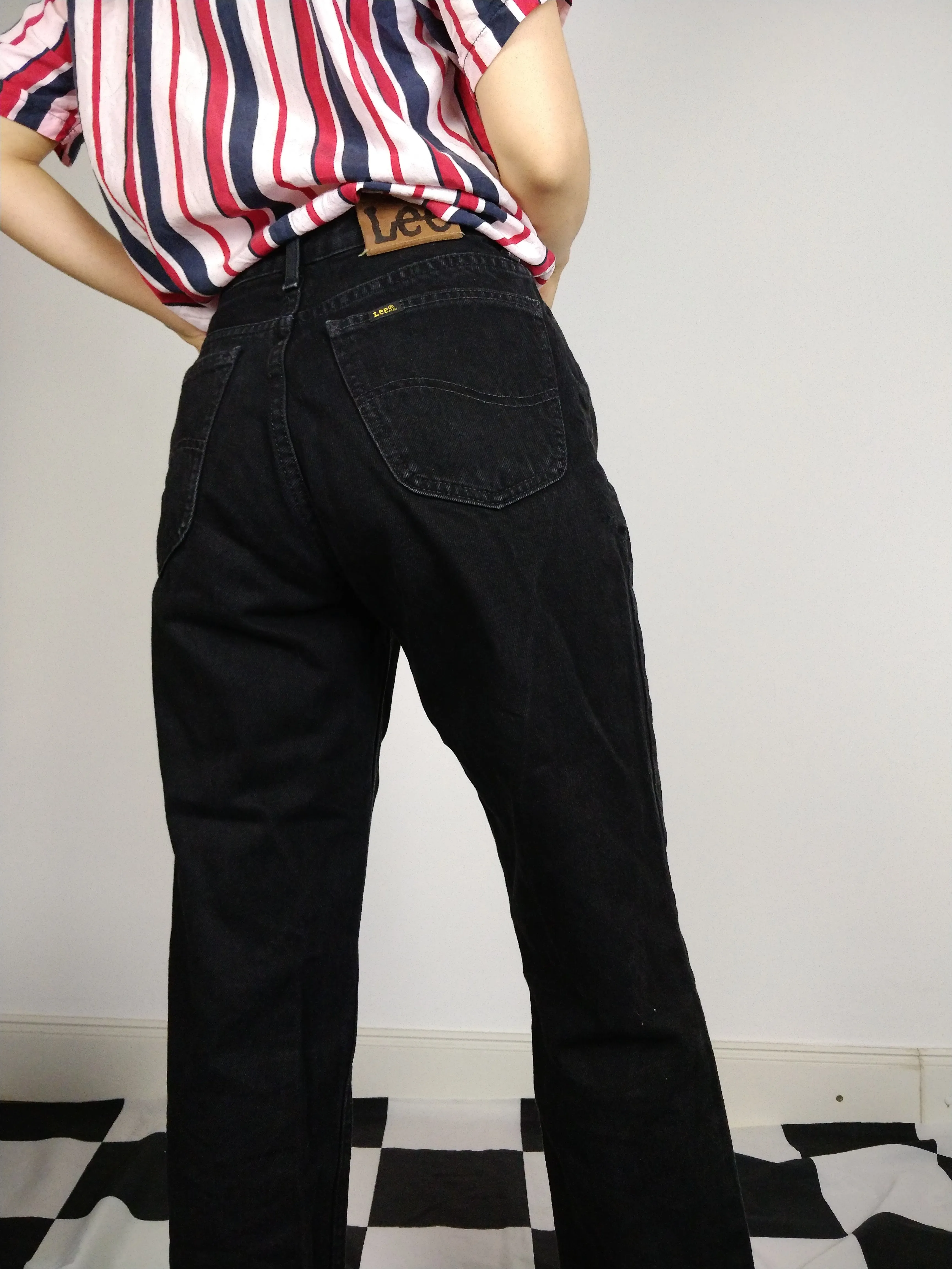 The Black Lee Jeans | Vintage Lee Jeans Oklahoma black denim high waist mom jeans S M 32-33