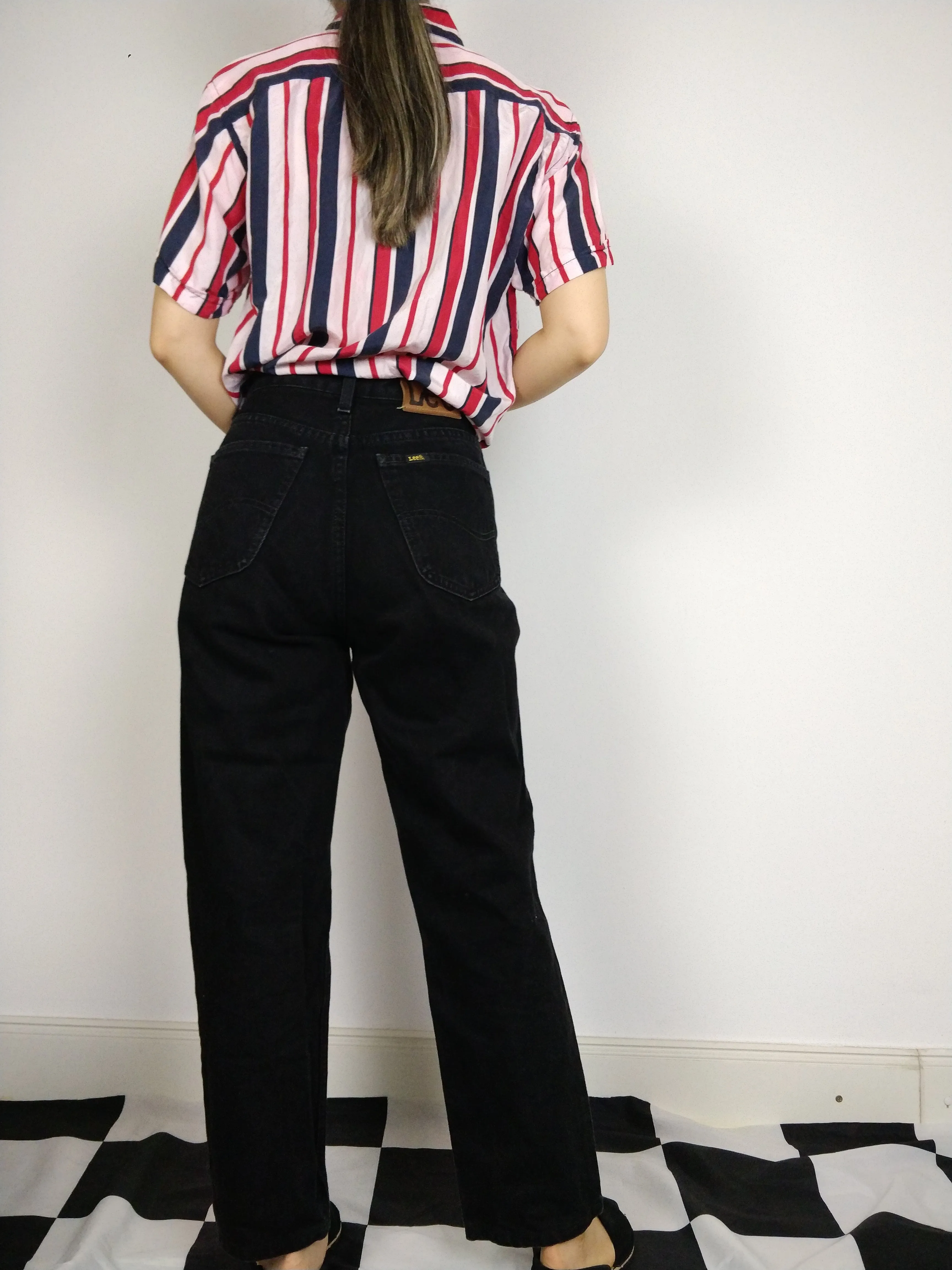 The Black Lee Jeans | Vintage Lee Jeans Oklahoma black denim high waist mom jeans S M 32-33
