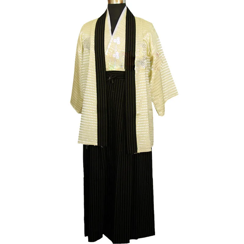 Traditional Kid's Hakama Kimono Set - Black and Beige