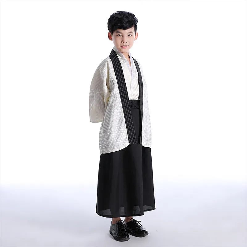 Traditional Kid's Hakama Kimono Set - Black and Beige