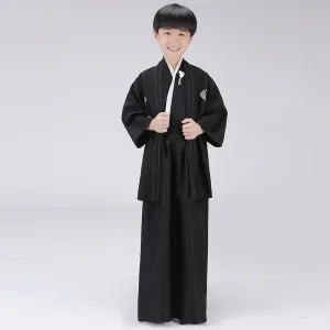 Traditional Kid's Hakama Kimono Set - Black and Beige