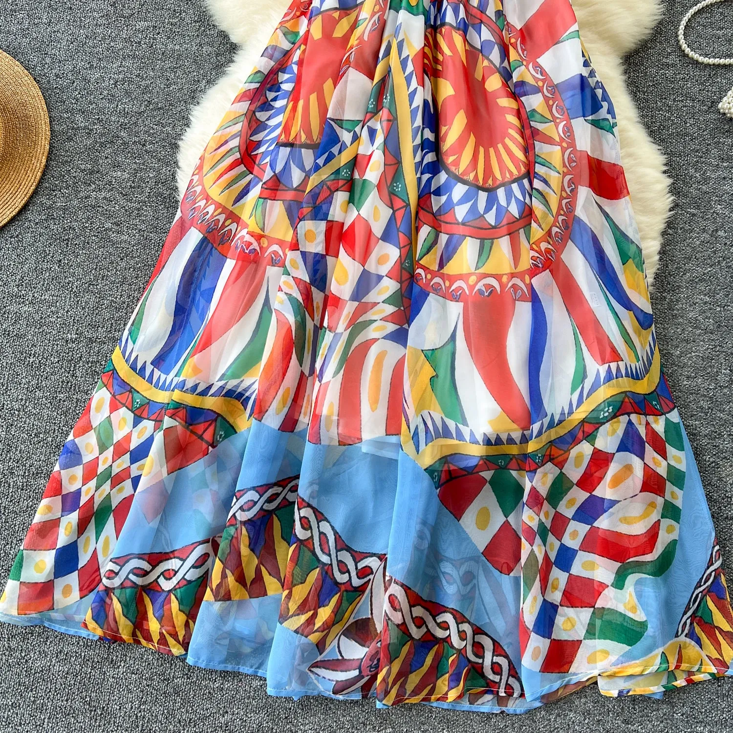 V-neck Colorful Printed Chiffon Dress