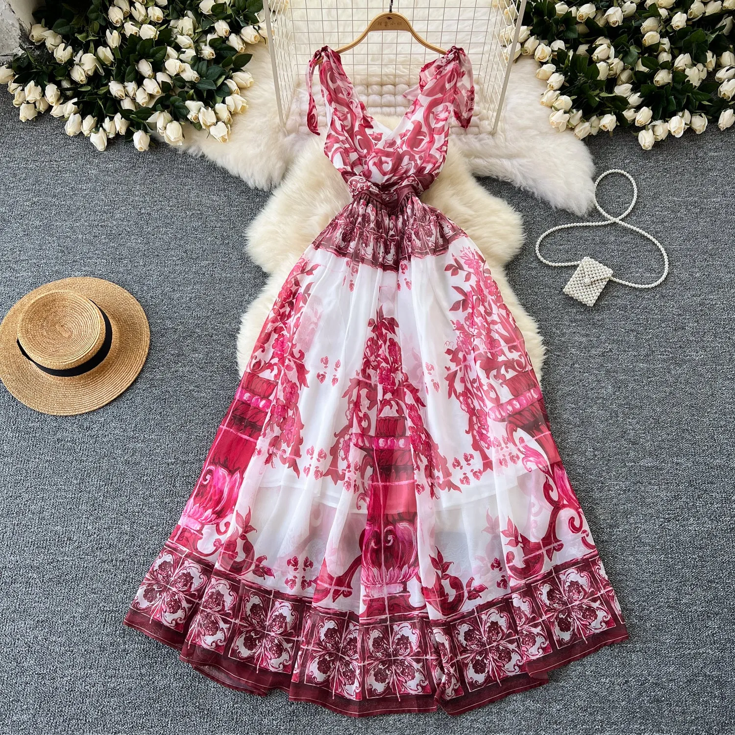 V-neck Colorful Printed Chiffon Dress
