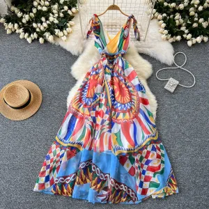 V-neck Colorful Printed Chiffon Dress