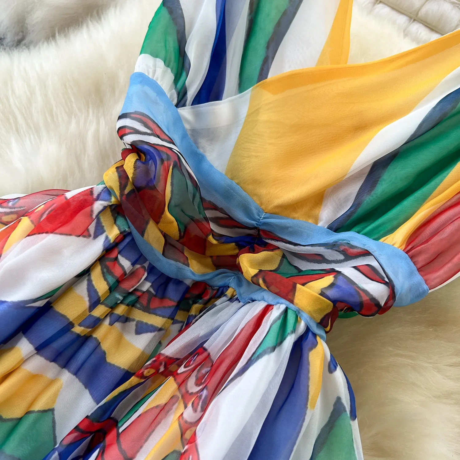 V-neck Colorful Printed Chiffon Dress