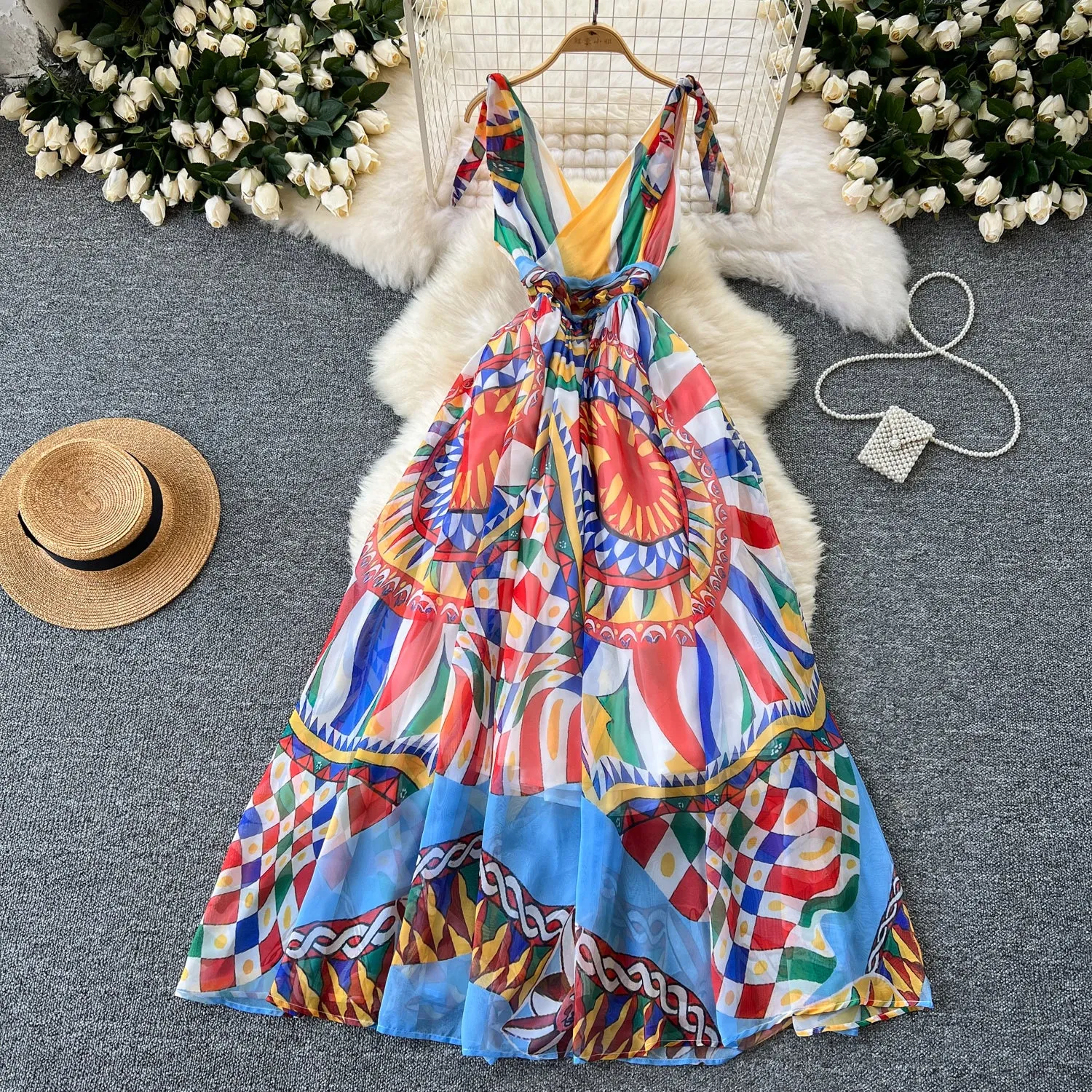 V-neck Colorful Printed Chiffon Dress