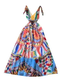 V-neck Colorful Printed Chiffon Dress
