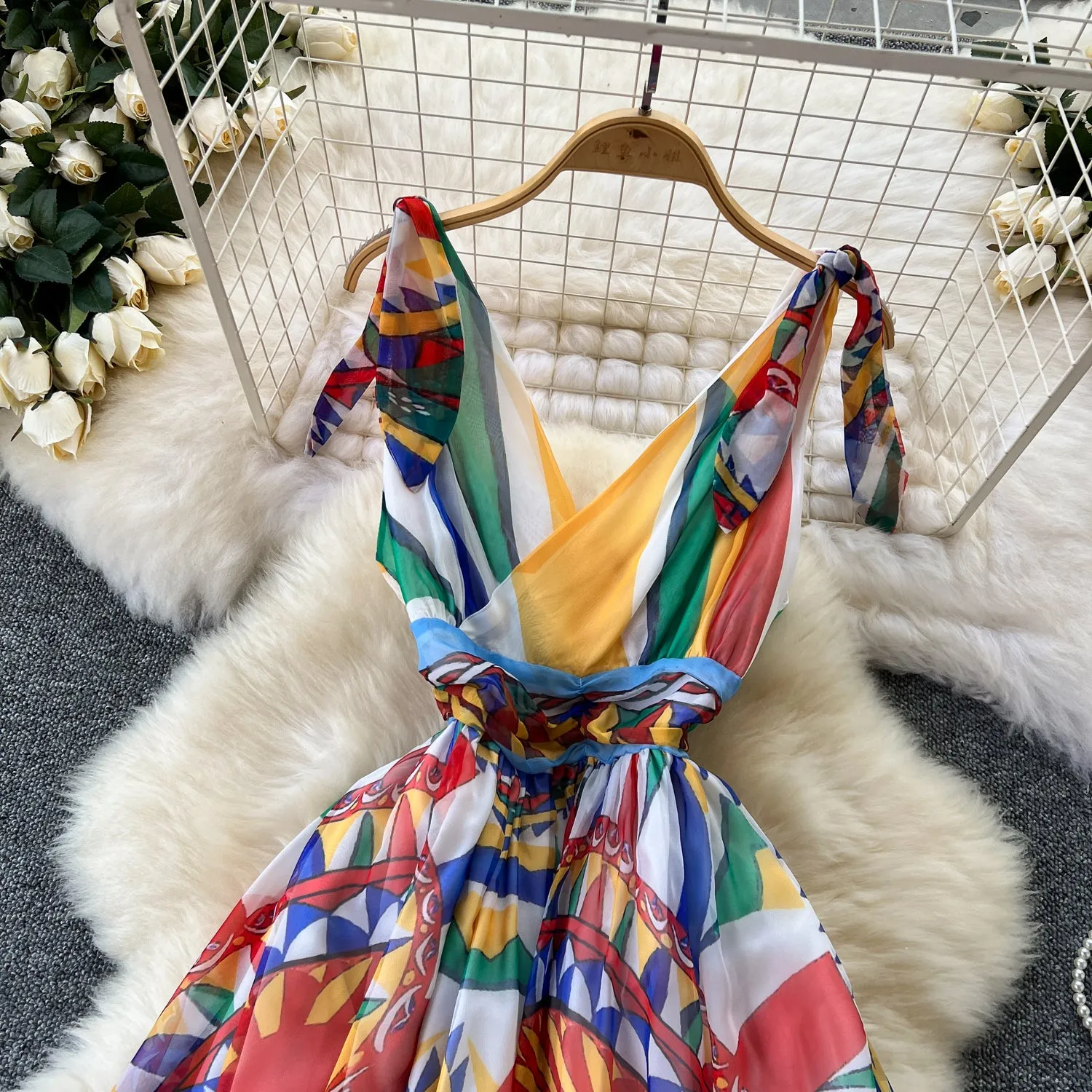 V-neck Colorful Printed Chiffon Dress