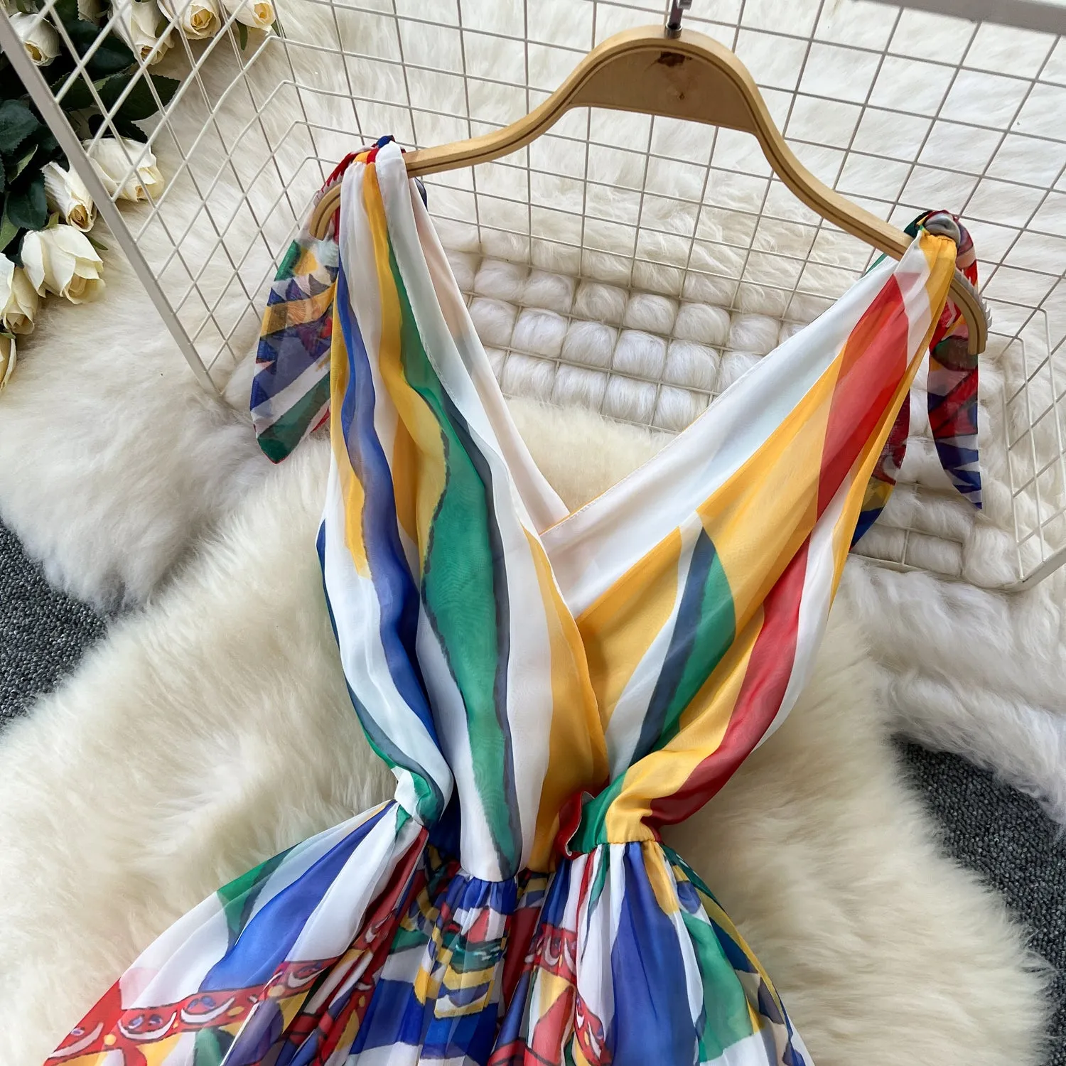 V-neck Colorful Printed Chiffon Dress