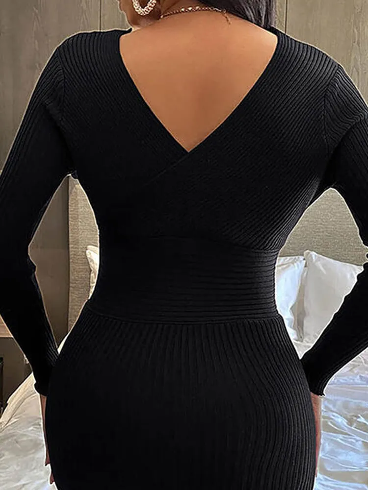 V Neck Long Sleeve Sweater Dresses