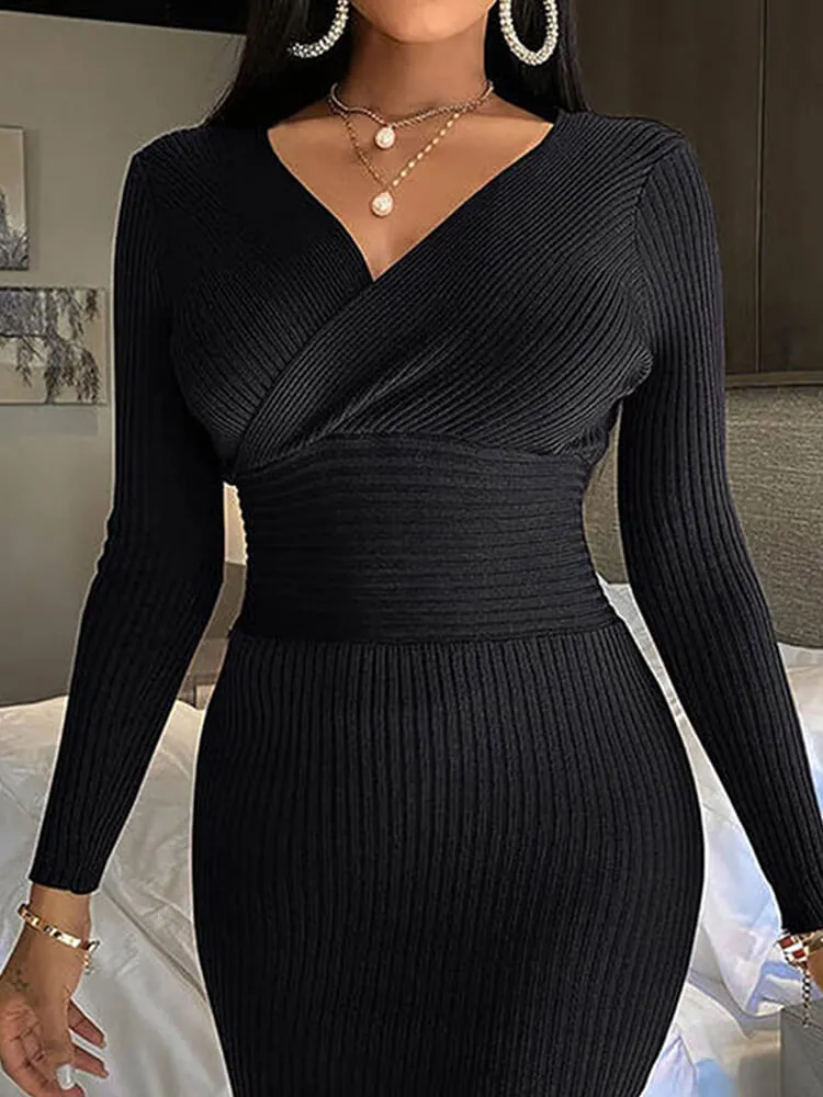 V Neck Long Sleeve Sweater Dresses