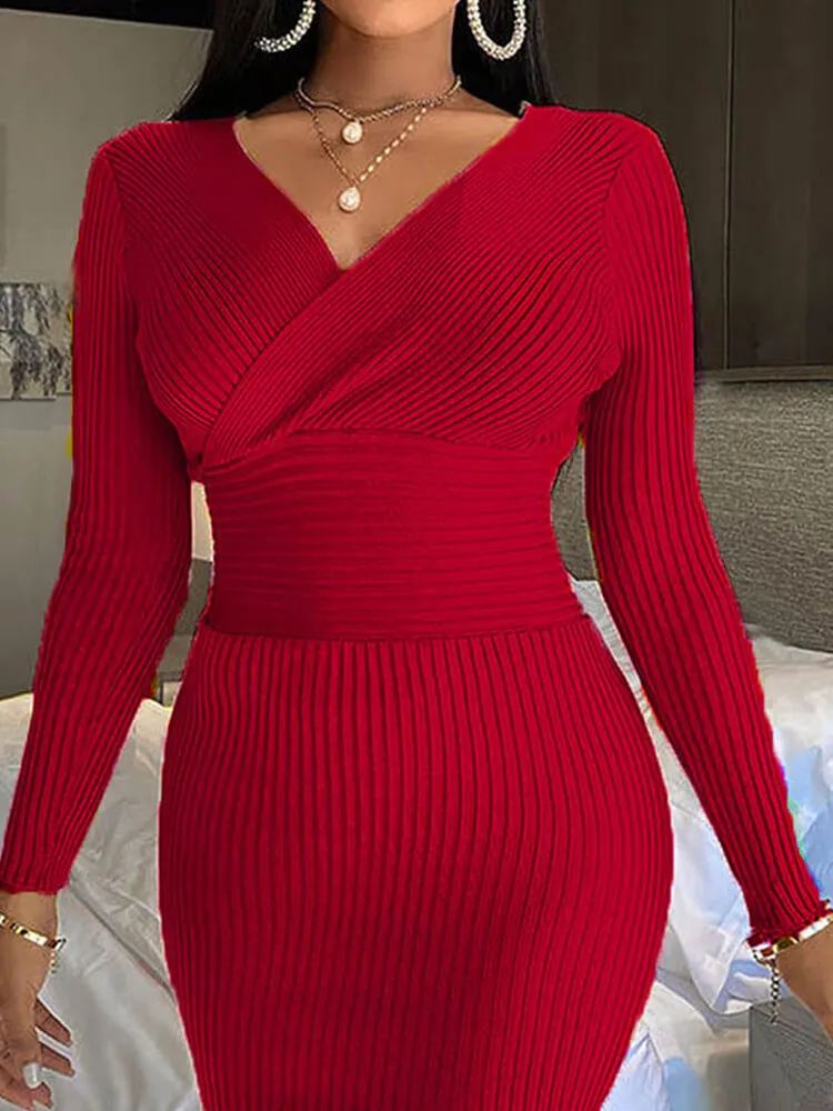 V Neck Long Sleeve Sweater Dresses