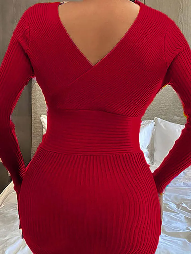 V Neck Long Sleeve Sweater Dresses