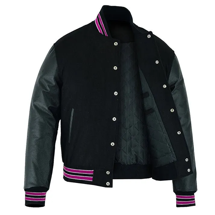 Varsity Jacket - Solid Black/Multi Hotpink Trim