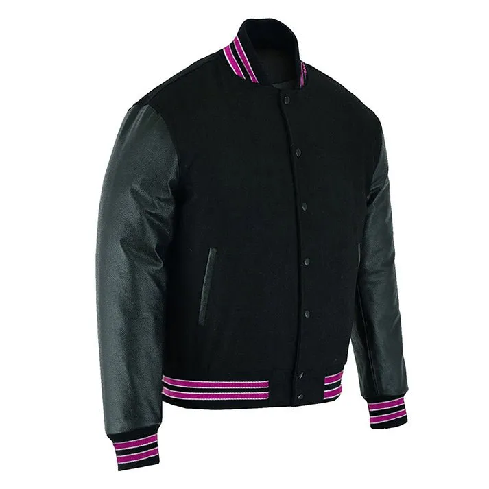 Varsity Jacket - Solid Black/Multi Hotpink Trim