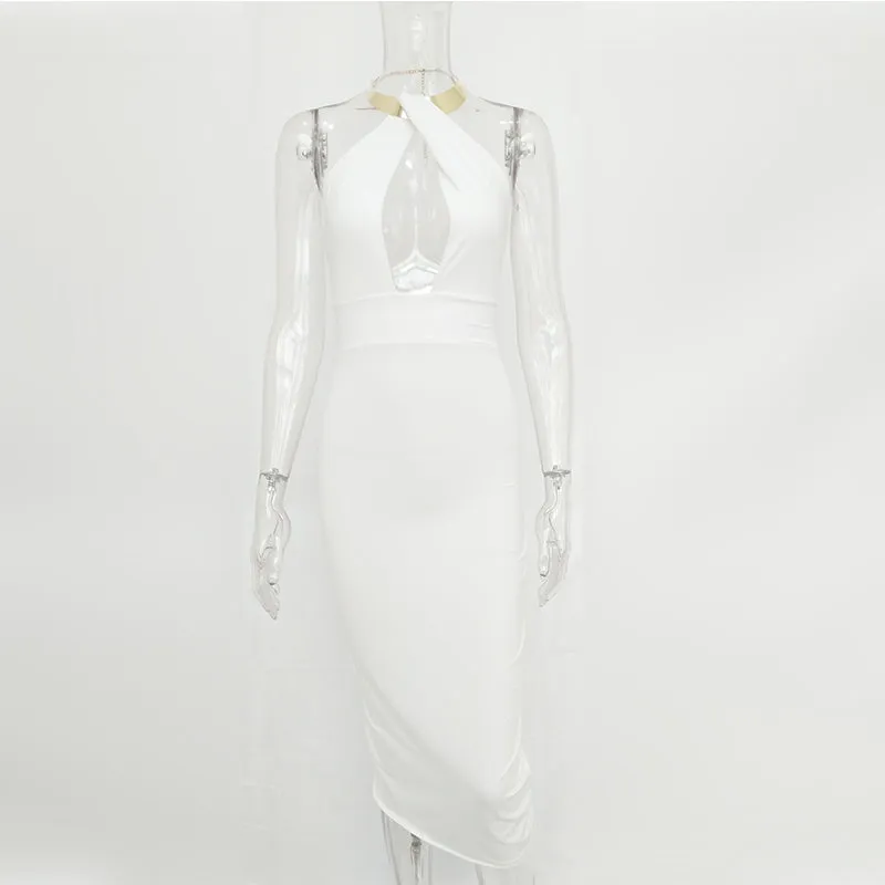 VenusFox Hollow Out Off Shoulder Choker Long Bodycon Dress
