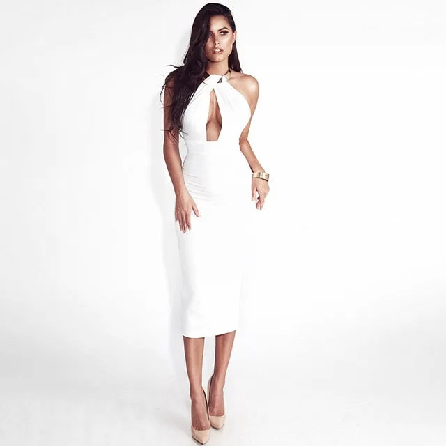 VenusFox Hollow Out Off Shoulder Choker Long Bodycon Dress