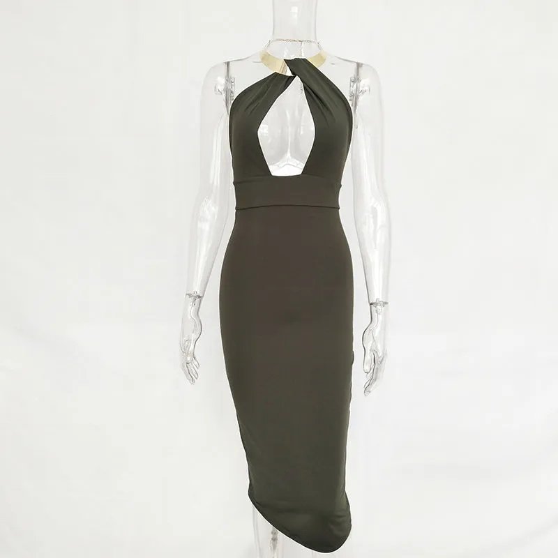 VenusFox Hollow Out Off Shoulder Choker Long Bodycon Dress