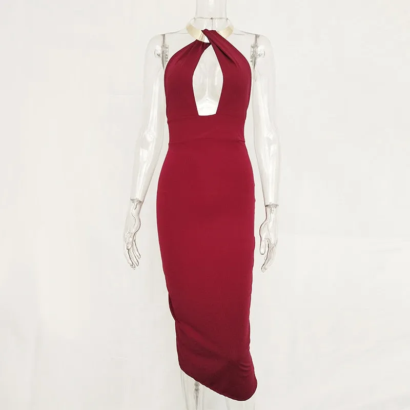 VenusFox Hollow Out Off Shoulder Choker Long Bodycon Dress