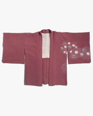 Vintage Haori Jacket, Partial Shibori, Burgundy with White and Blue Daisies