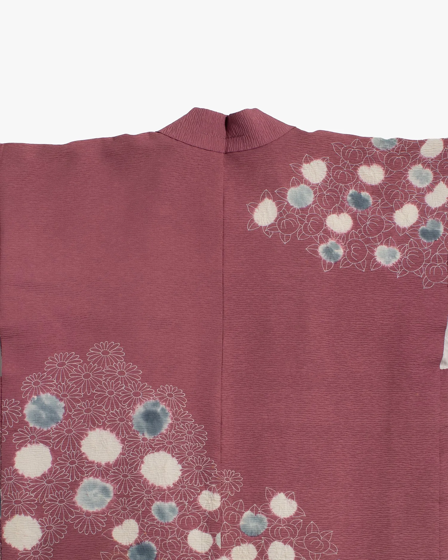Vintage Haori Jacket, Partial Shibori, Burgundy with White and Blue Daisies