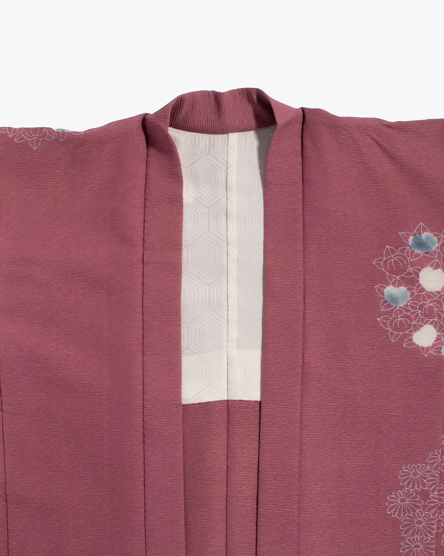 Vintage Haori Jacket, Partial Shibori, Burgundy with White and Blue Daisies