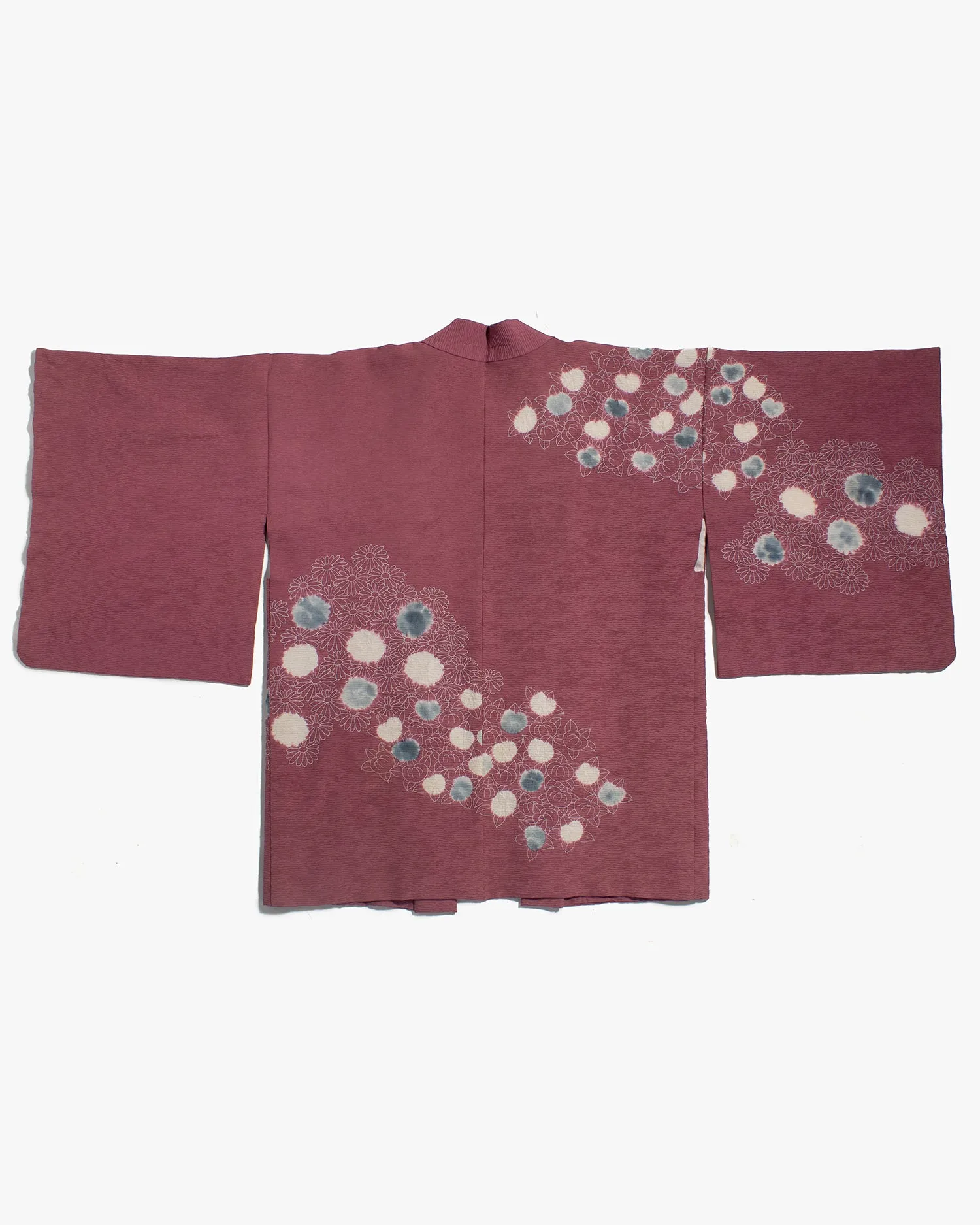 Vintage Haori Jacket, Partial Shibori, Burgundy with White and Blue Daisies