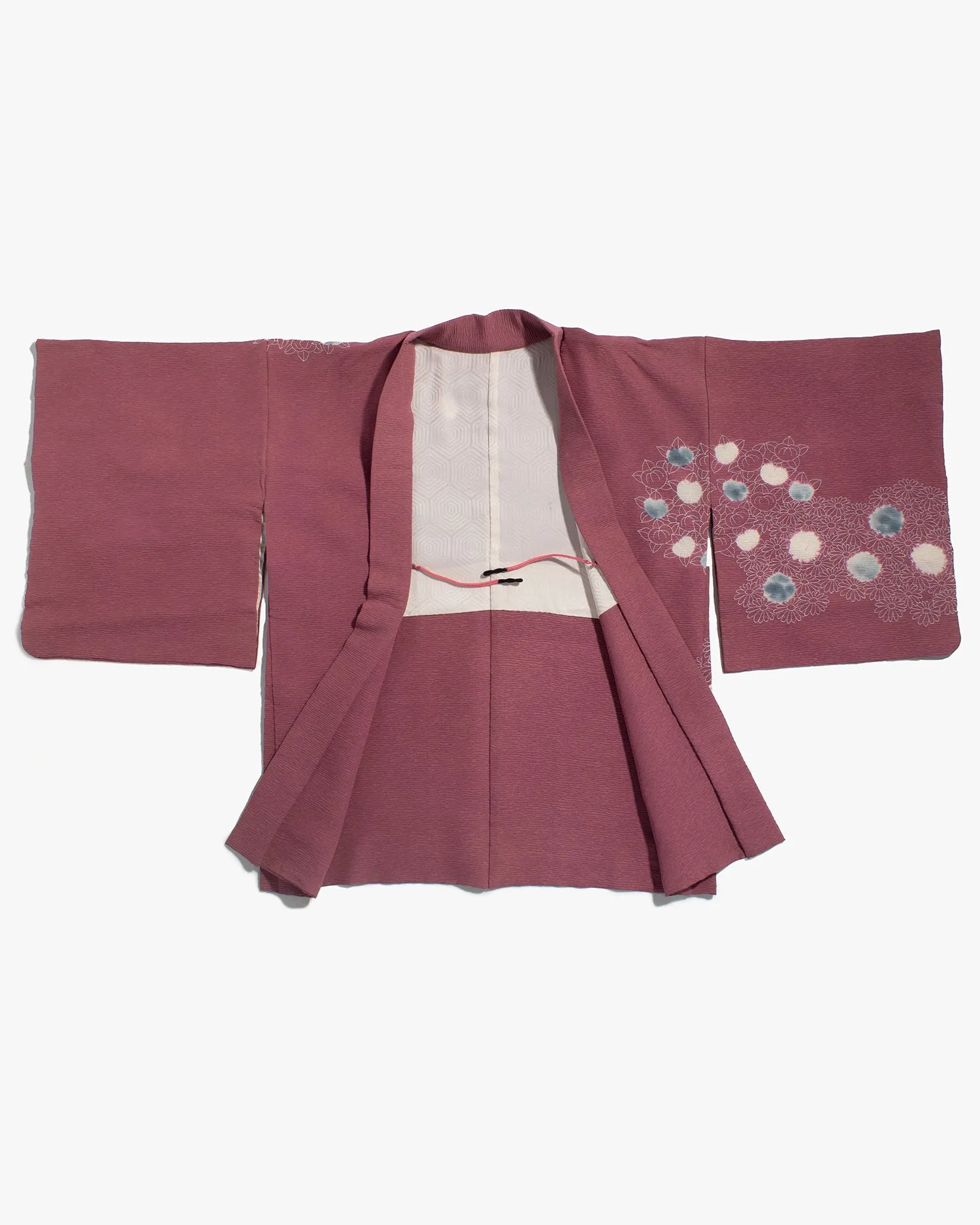 Vintage Haori Jacket, Partial Shibori, Burgundy with White and Blue Daisies