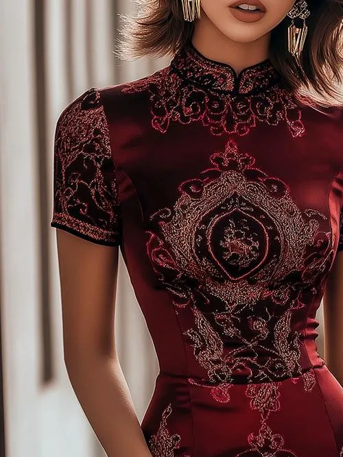 Vintage Paisley Printed Flare Hem Satin Dress