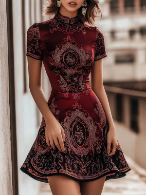 Vintage Paisley Printed Flare Hem Satin Dress