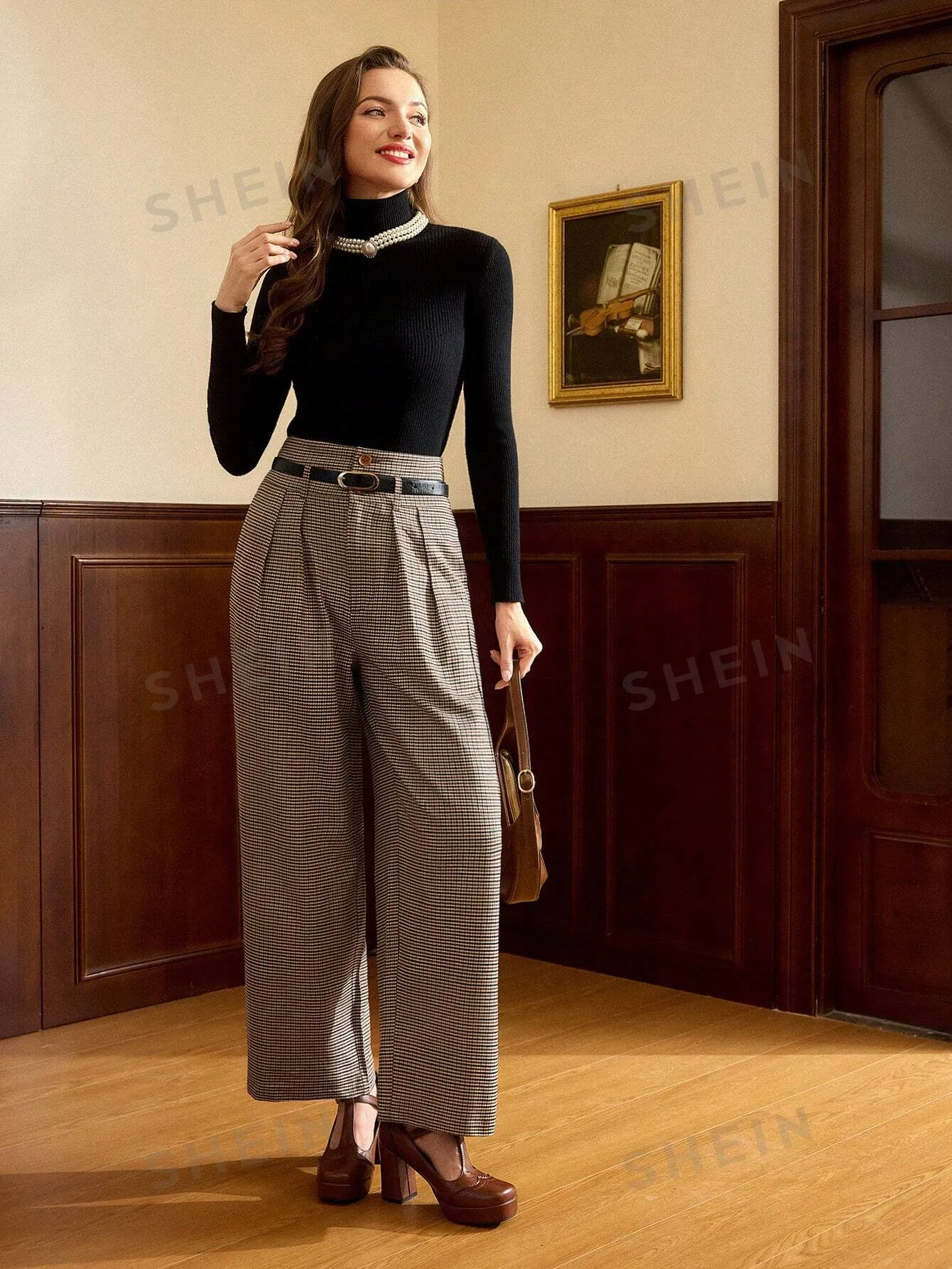 Vintamour Vintage Elegant High Waist Women Plaid Brown Pants With Pockets