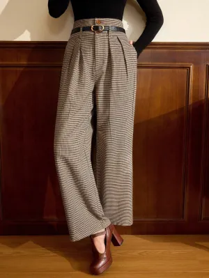Vintamour Vintage Elegant High Waist Women Plaid Brown Pants With Pockets