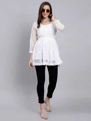 White Georgette Angarkha Chikankari Tunic Top With Slip