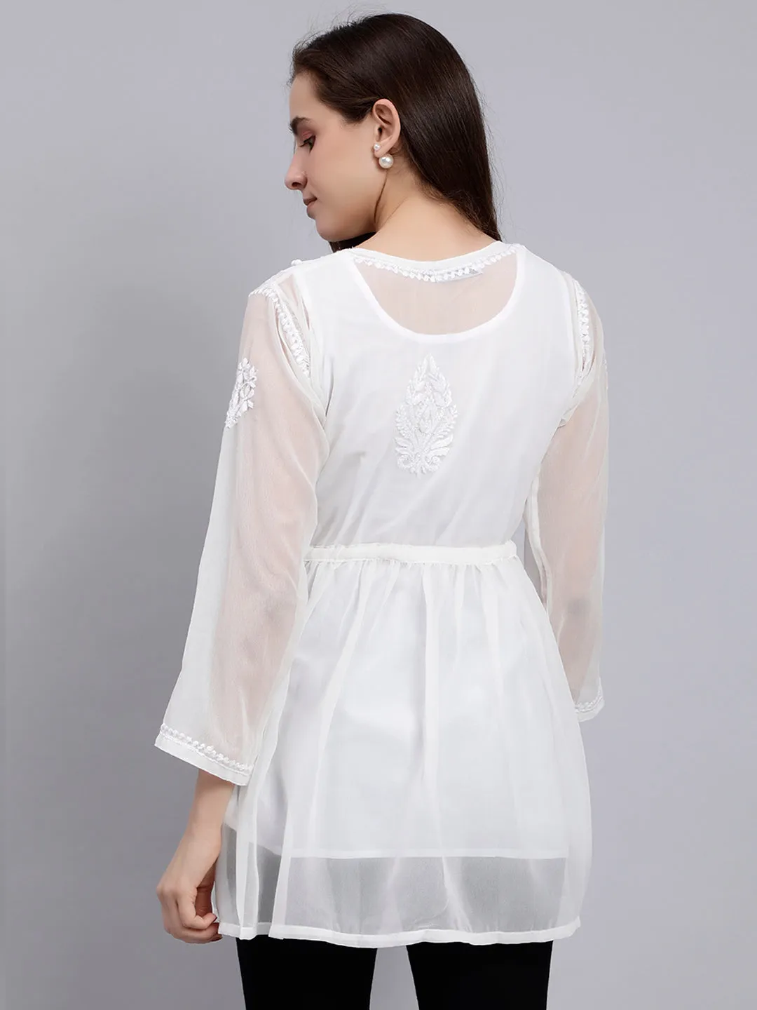 White Georgette Angarkha Chikankari Tunic Top With Slip