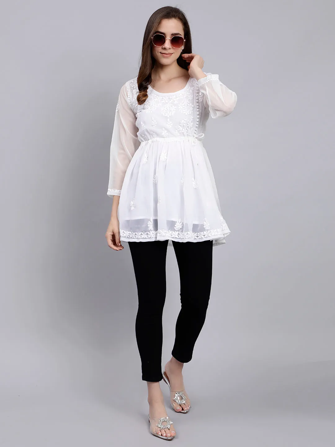 White Georgette Angarkha Chikankari Tunic Top With Slip