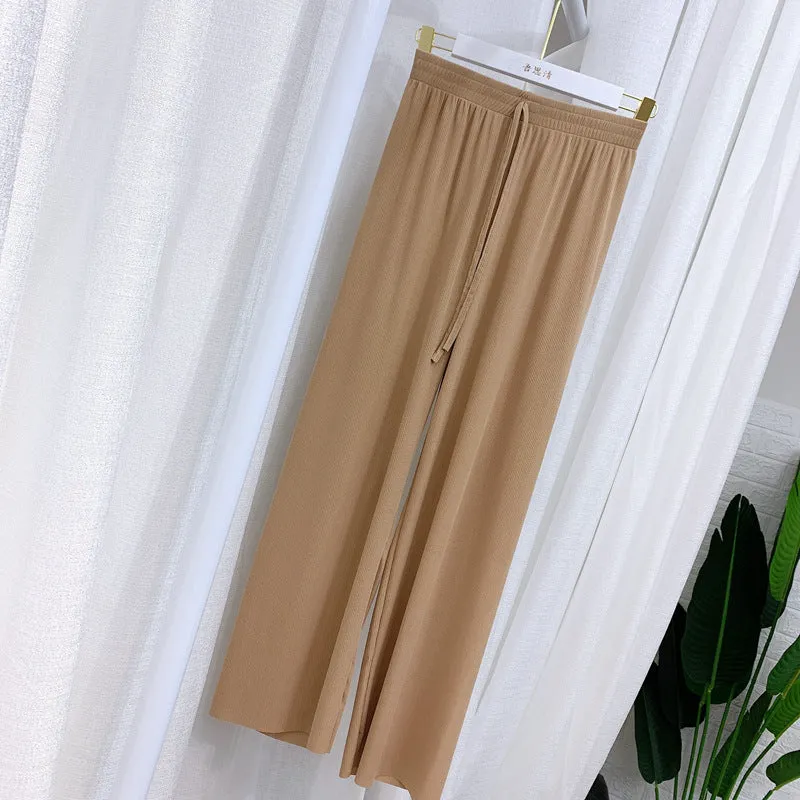 Wide Leg Pants Women High Waist Loose Drape Casual Floor Length Straight Ice Silk Pants