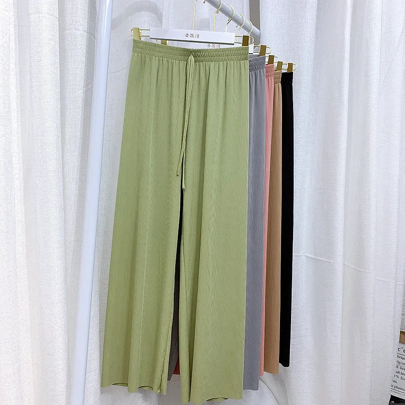Wide Leg Pants Women High Waist Loose Drape Casual Floor Length Straight Ice Silk Pants