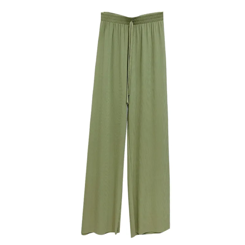 Wide Leg Pants Women High Waist Loose Drape Casual Floor Length Straight Ice Silk Pants