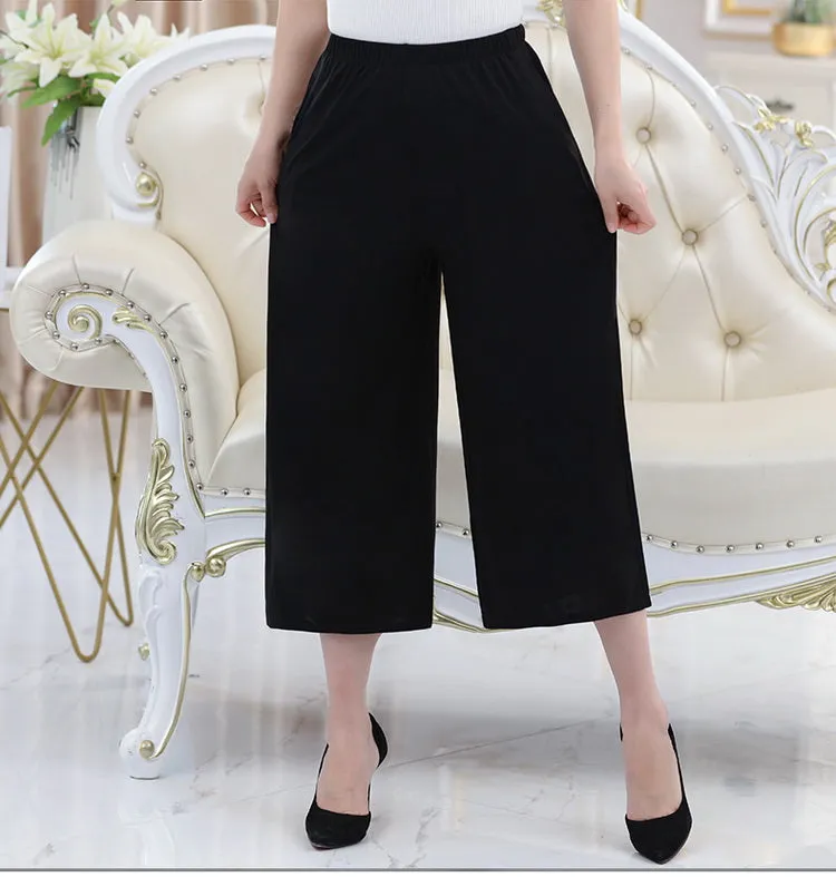 Wide Leg Pants Women Summer Straight Jeans Cropped Loose Elderly Casual Skorts Mom High Waist Pants