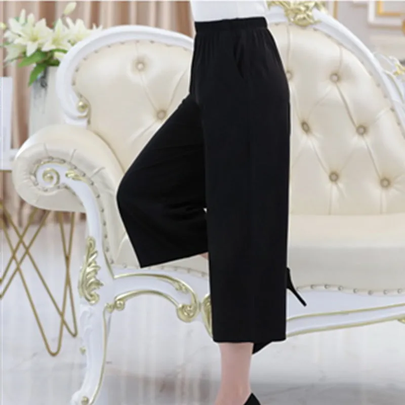 Wide Leg Pants Women Summer Straight Jeans Cropped Loose Elderly Casual Skorts Mom High Waist Pants