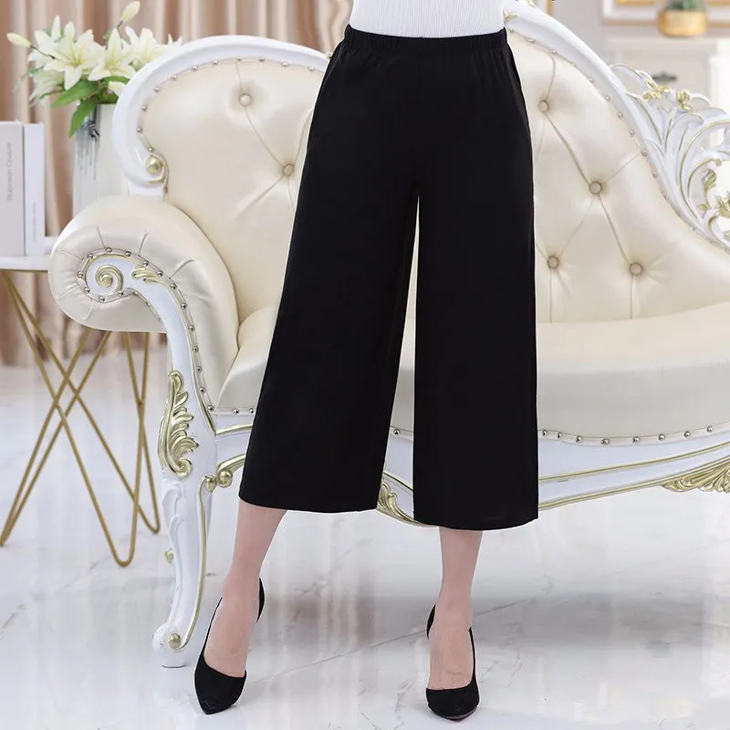 Wide Leg Pants Women Summer Straight Jeans Cropped Loose Elderly Casual Skorts Mom High Waist Pants