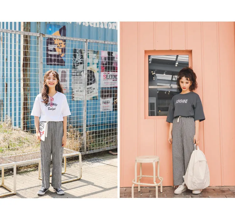 Women T-Shirt Tops High Waist Trendy Chequered Wide Leg Pants Ankle-Length Pants