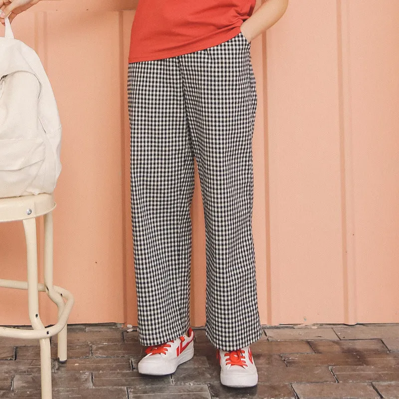 Women T-Shirt Tops High Waist Trendy Chequered Wide Leg Pants Ankle-Length Pants